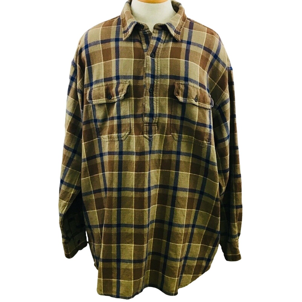 Mens XLT J.Crew Pullover Shirt Plaid Brown Blue Thick Cotton Long Sleeve 1990s